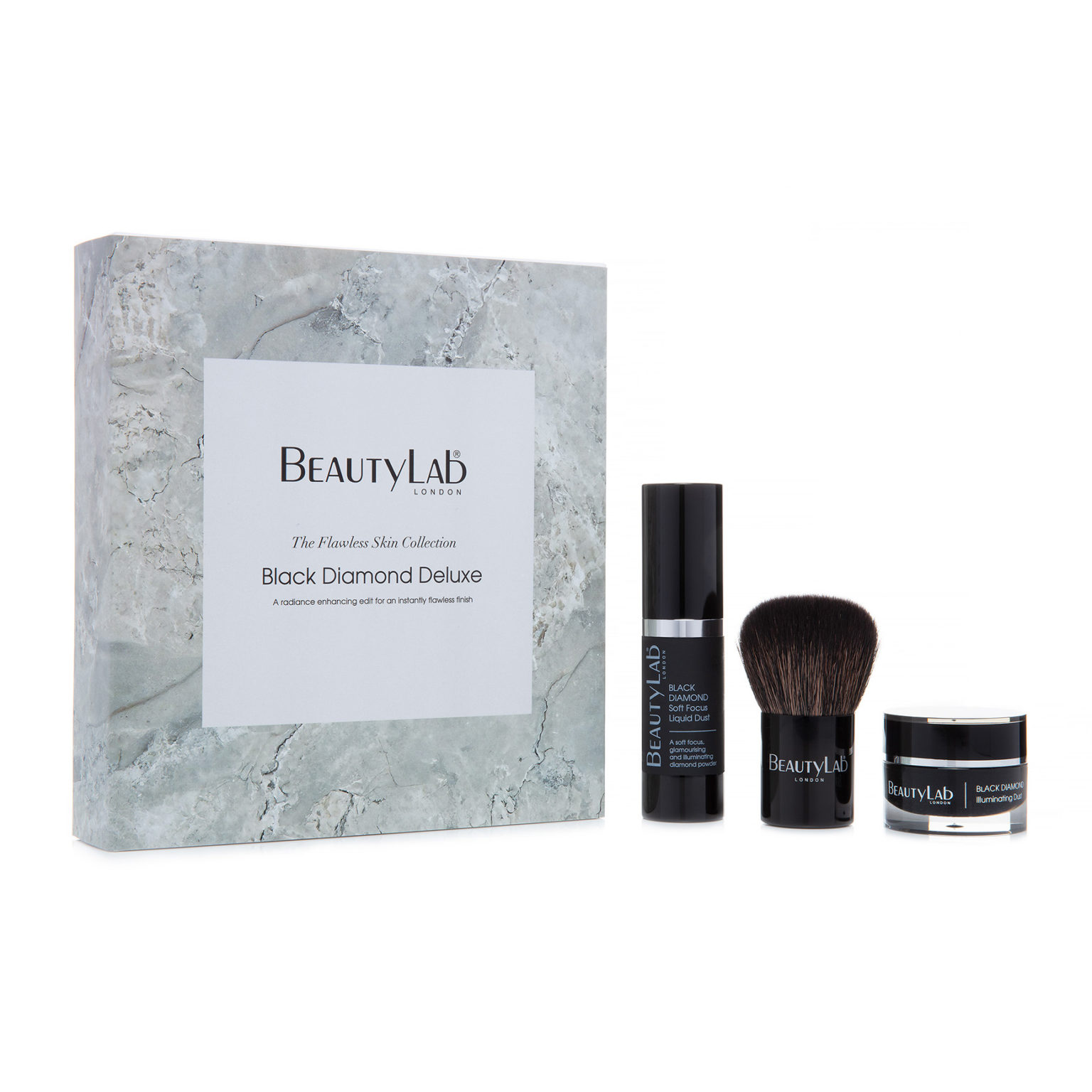 The Flawless Skin Collection Black Diamond Deluxe - Illuminating Dust 10ml, Soft Focus Liquid Dust 15ml and Kabuki Brush