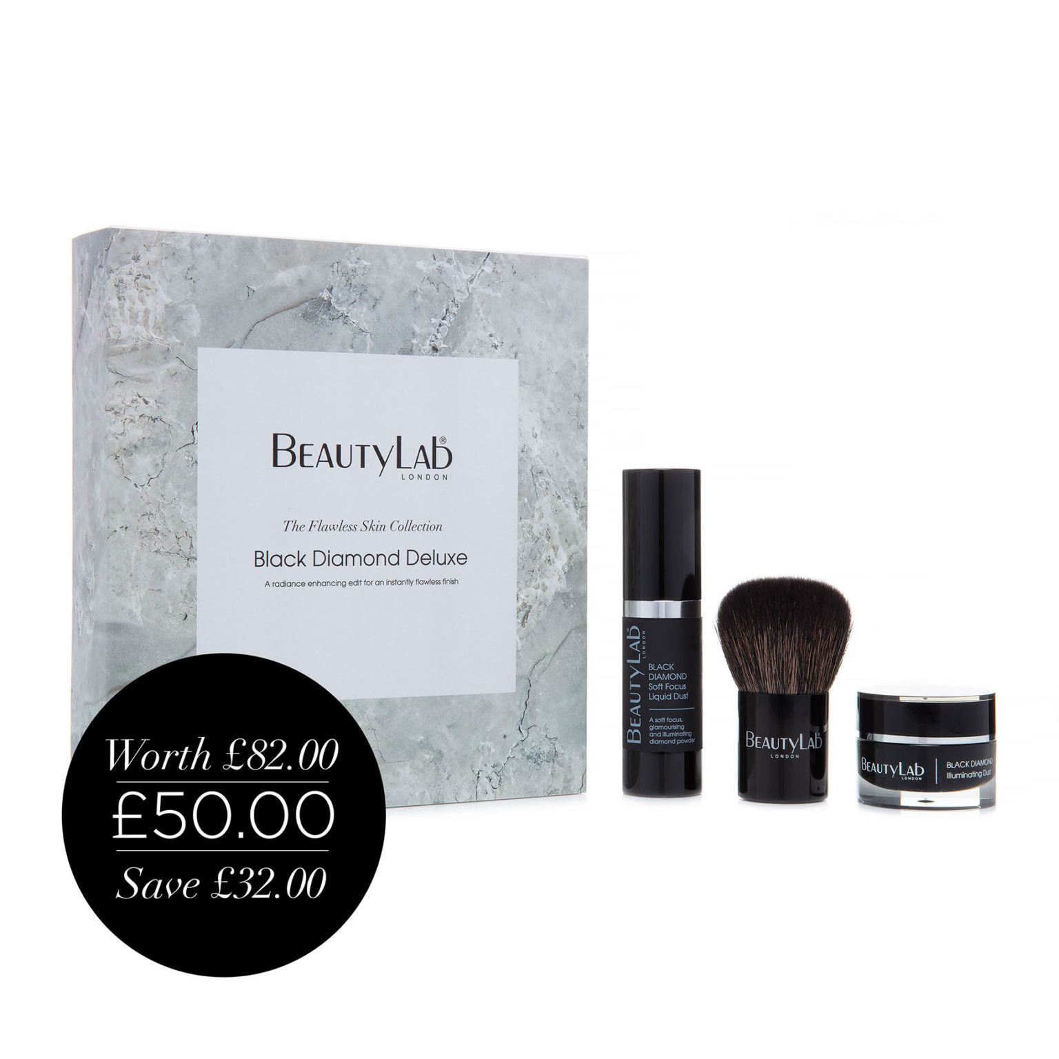 The Flawless Skin Collection Black Diamond Deluxe - Illuminating Dust 10ml, Soft Focus Liquid Dust 15ml and Kabuki Brush with price roundel