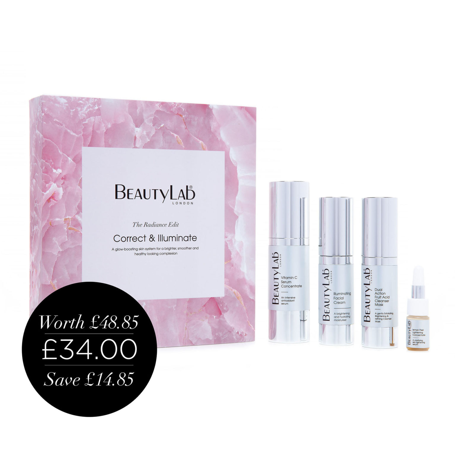 Correct & Illuminate The Radiance Edit Collection - Dual Action Fruit Acid Cleanser Mask, Vitamin C Serum Concentrate, Illuminating Facial Cream and Lemon Peel Lightening Concentrate with price roundel