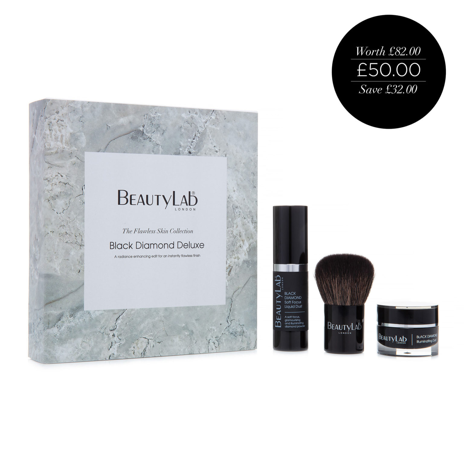 The Flawless Skin Collection Black Diamond Deluxe - Illuminating Dust, Soft Focus Liquid Dust and Kabuki Brush with price roundel