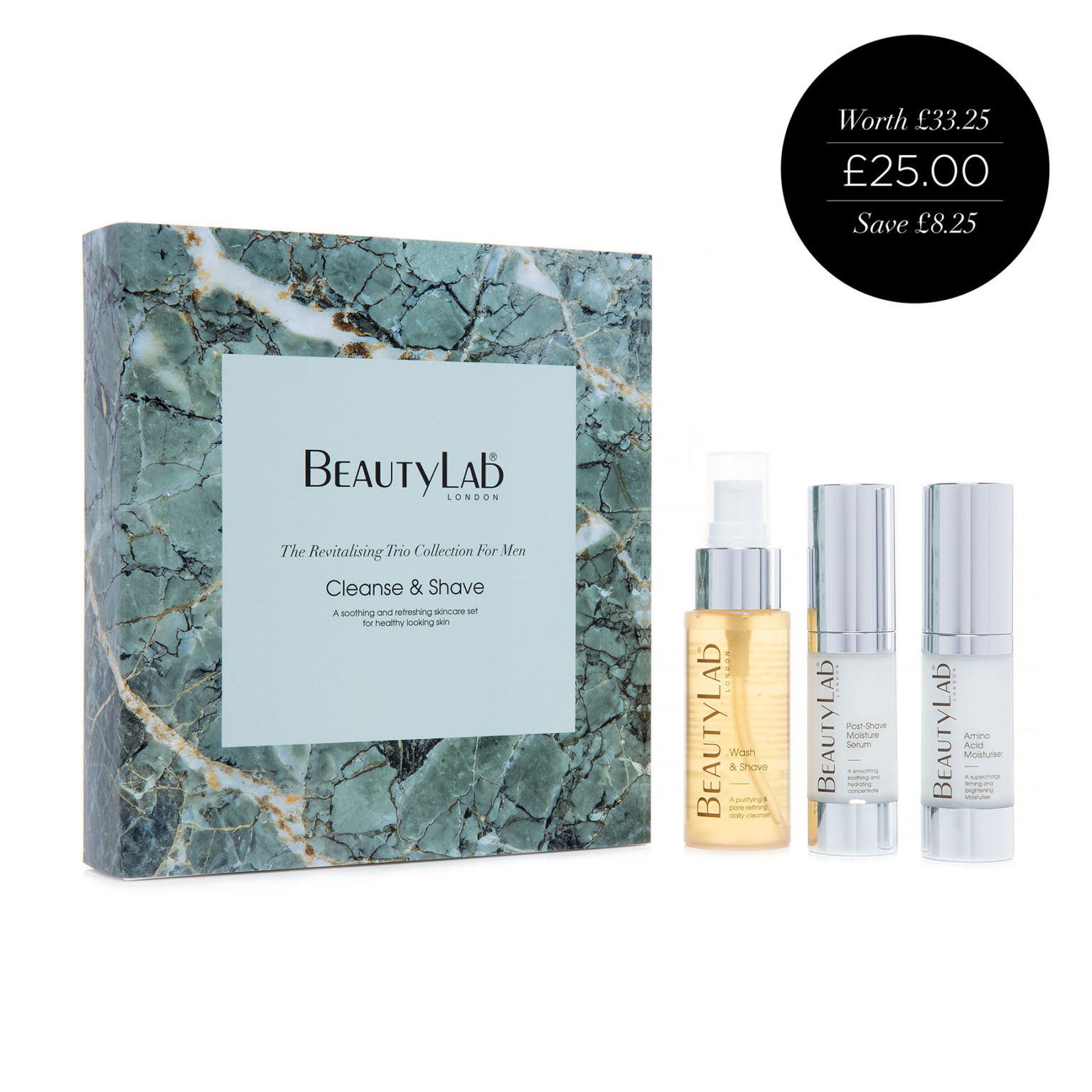 Cleanse & Shave The Revitalising Trio Collection - Wash & Shave Cleanser, Post-Shave Serum and Amino Acid Moisturiser 15ml with price roundel