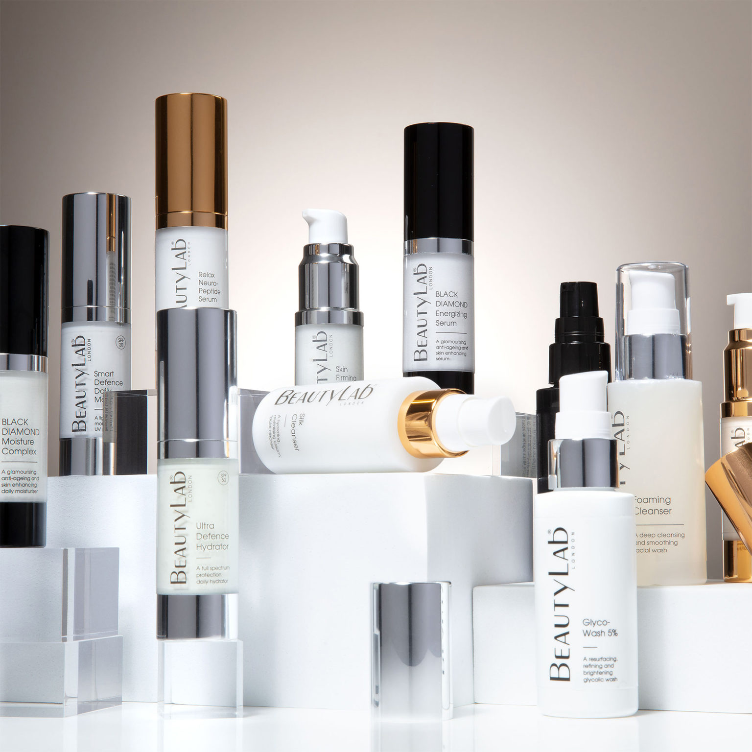 BeautyLab skincare products group shot against a neutral background