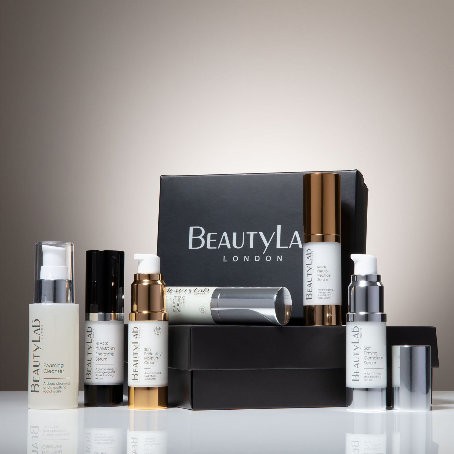 BeautyLab skincare products group shot against a neutral background