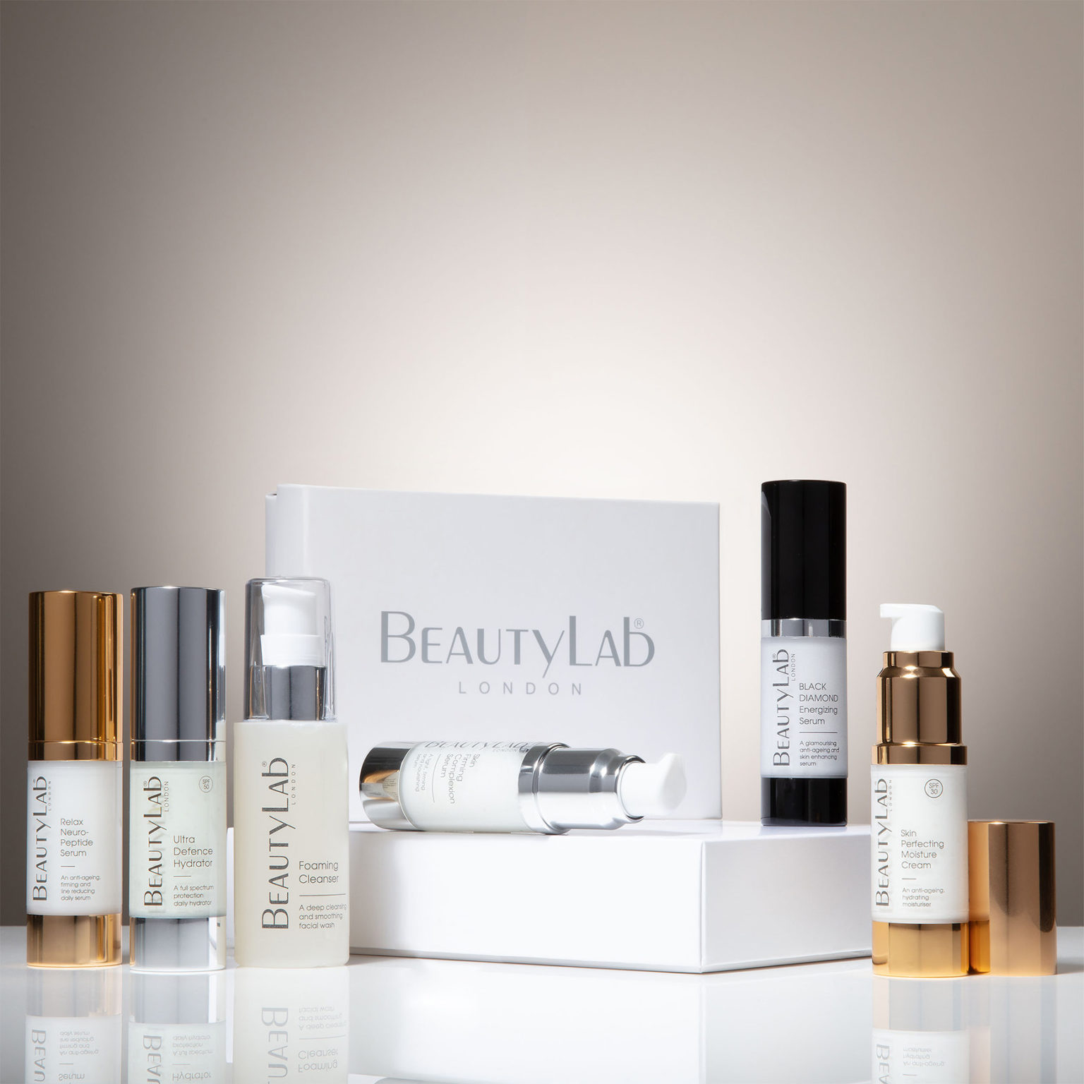 BeautyLab skincare products group shot against a neutral background