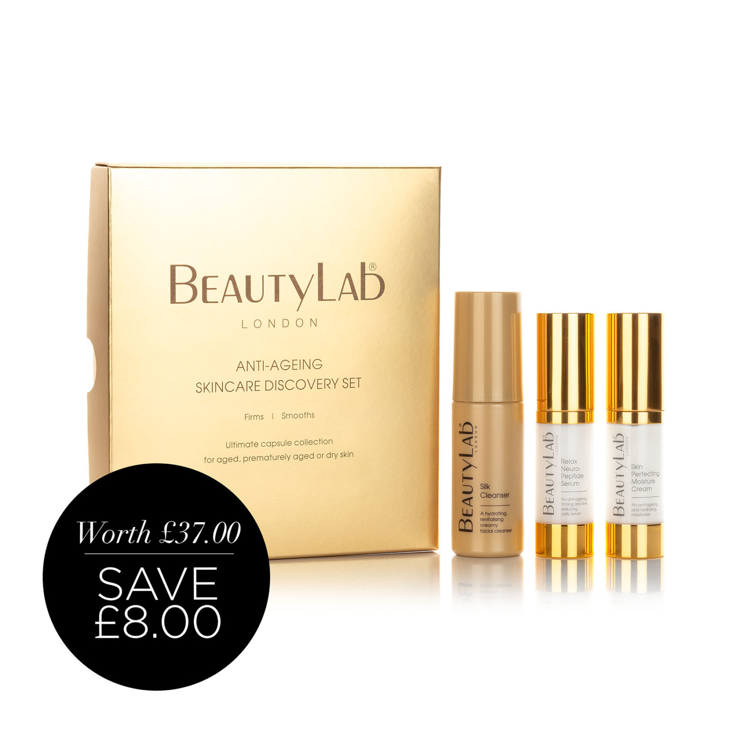 BEAUTYLAB®ANTI-AGEING SKINCARE DISCOVERY SET - Silk Cleanser, Relax Neuro-Peptide Serum and Skin Perfecting Mositure ream with price roundel