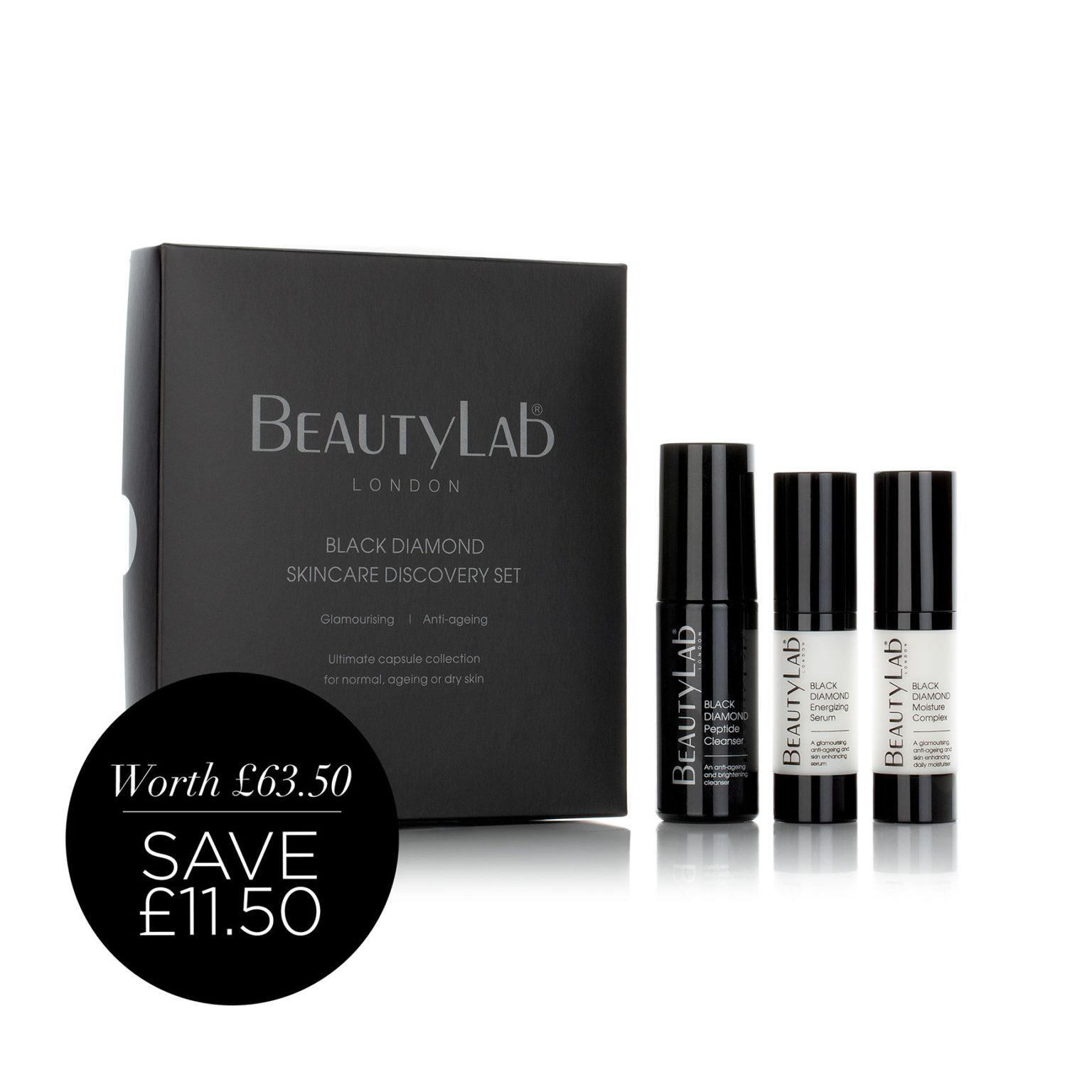 BEAUTYLAB® BLACK DIAMOND DISCOVERY SKINCARE SET - Black Diamond peptide Cleanser, Black Diamond Energizing Serum and Black Diamond Moisture Complex with price roundel