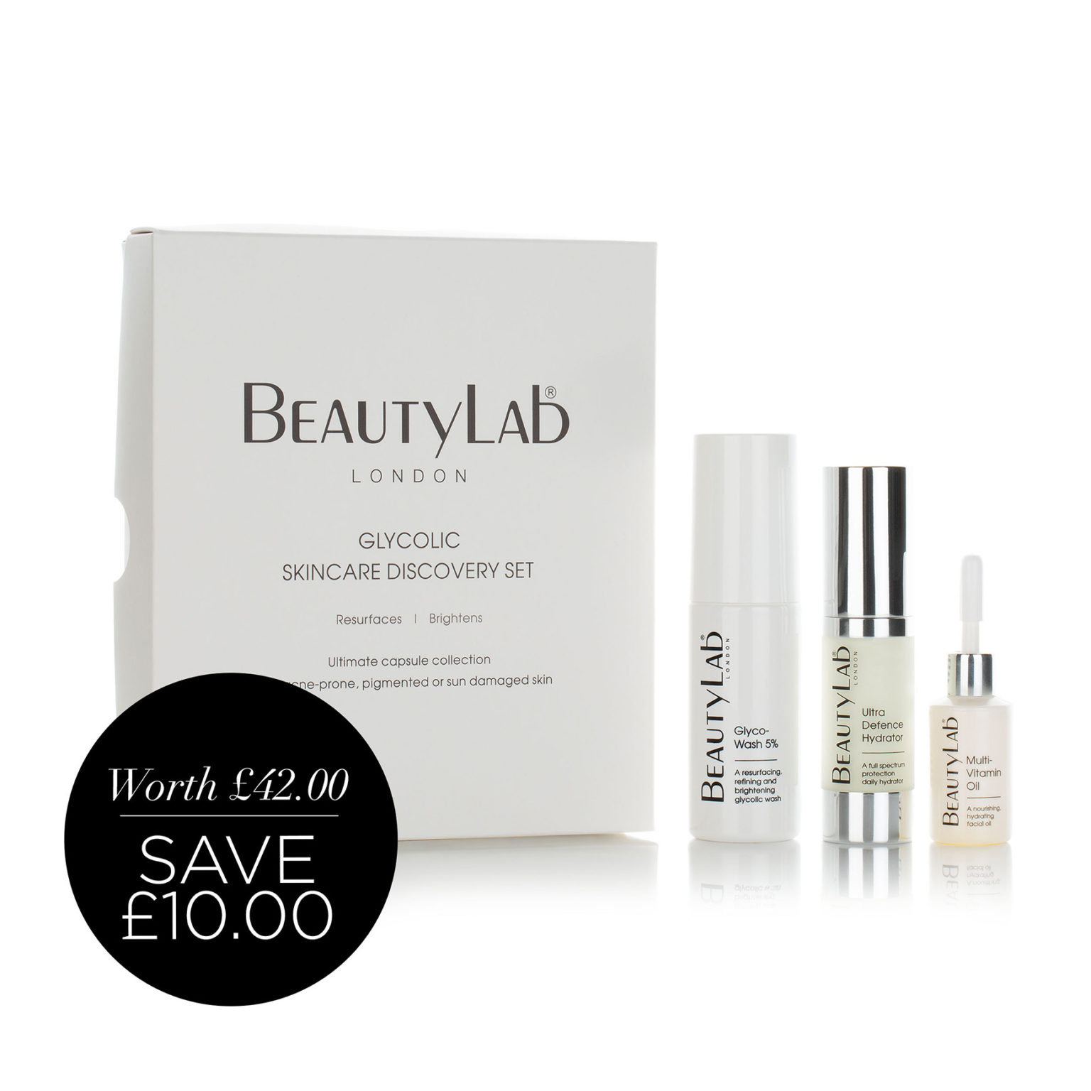 BEAUTYLAB® GLYCOLIC SKINCARE DISCOVERY SET - Glyco-Wash 5%, Ultra Defence Hydrator and Multi-Vitamin Oil