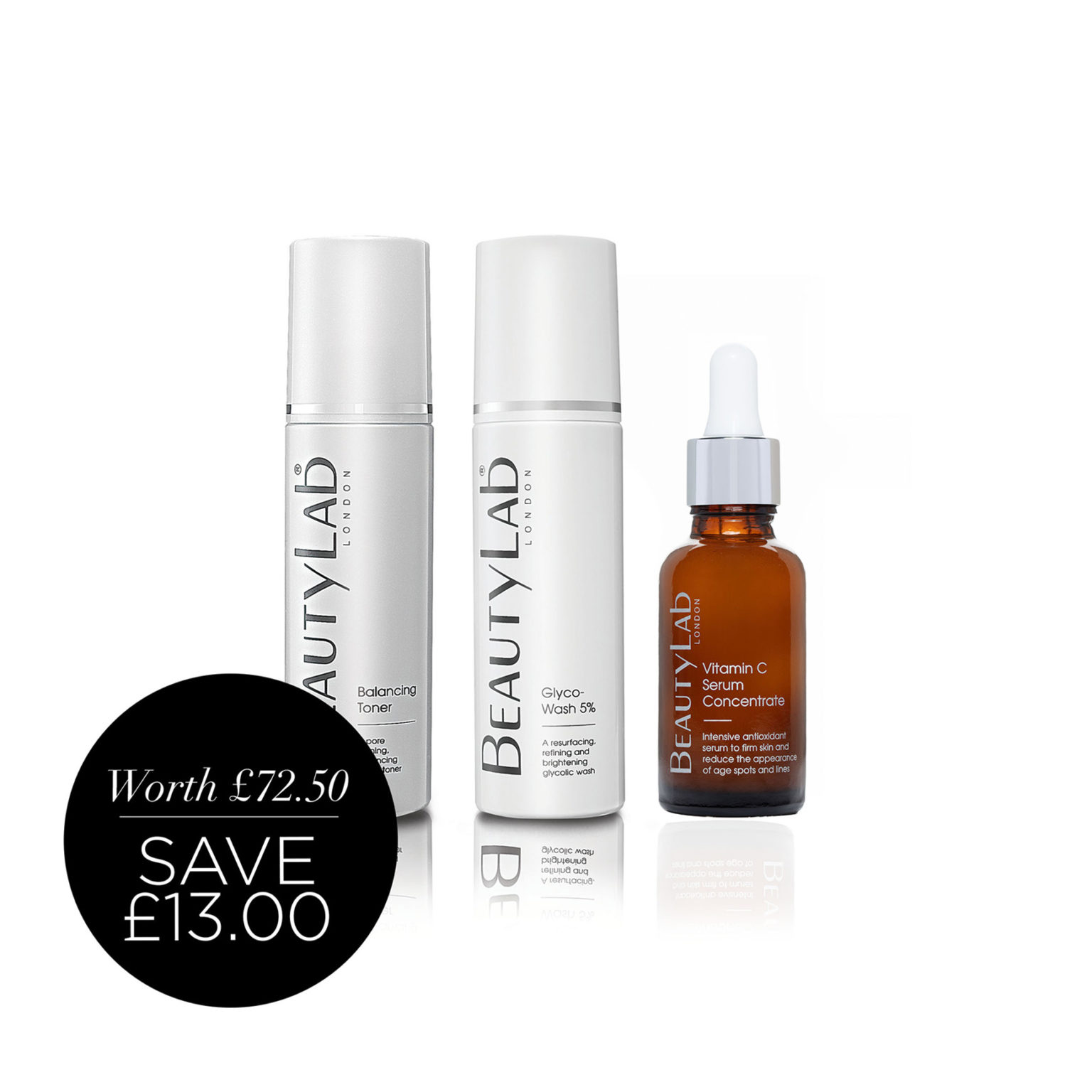 balancing toner, glyco-wash and vitamin c serum skincare bundle