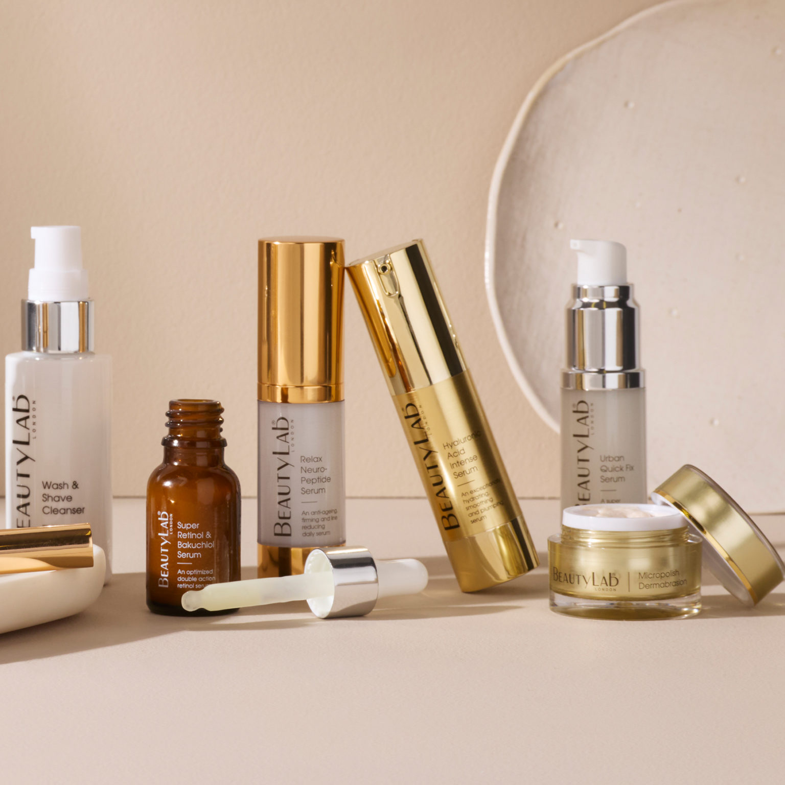 Beautylab skincare products promped against a neutral background